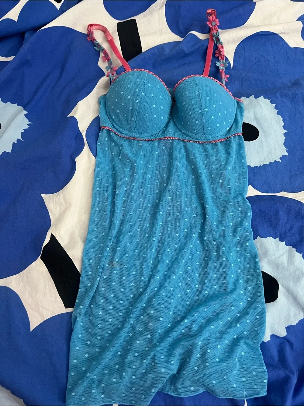 Blue Polka Dot Bustier Nightdress with Pink Trim